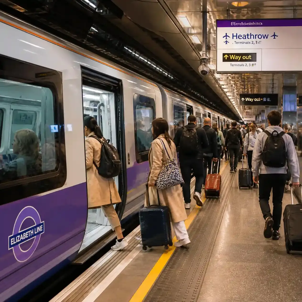 Elizabeth line train at a London airport platform, one of the fastest routes from the airport to central London