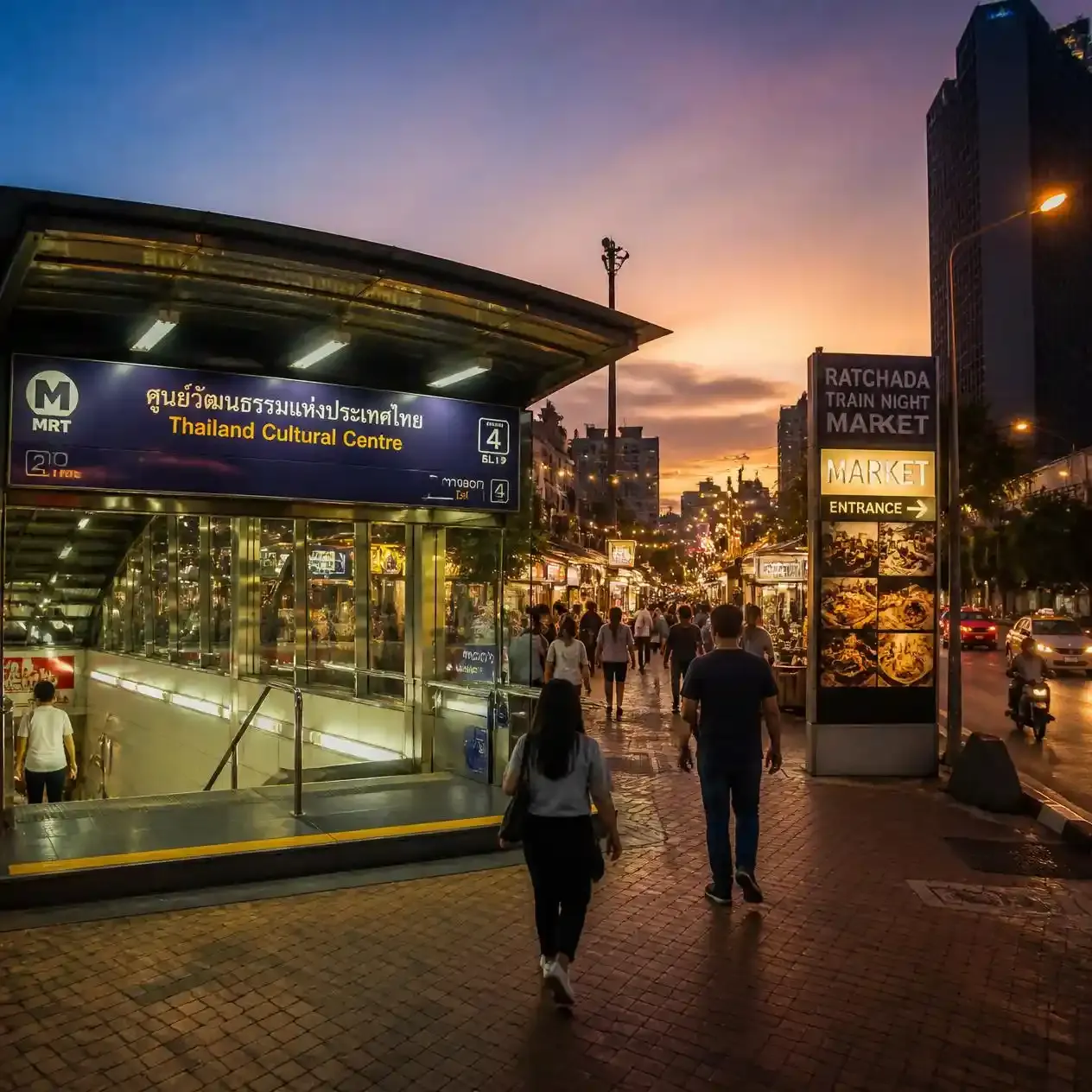Evening street view at Thailand Cultural Centre MRT on Ratchadaphisek Road, the walking route to the Jodd Fairs night market