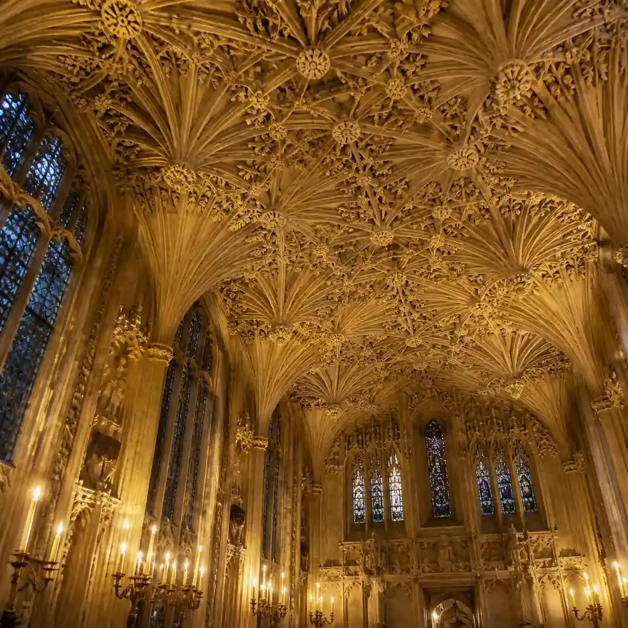 Intricate fan-vaulted stone ceiling of the Henry VII Lady Chapel at Westminster Abbey in London
