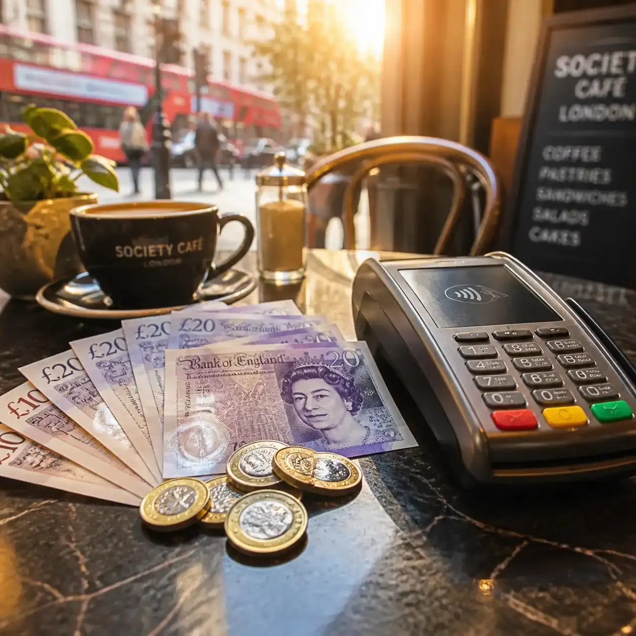 British pound sterling banknotes and coins, the currency in London, next to a contactless payment terminal on a table