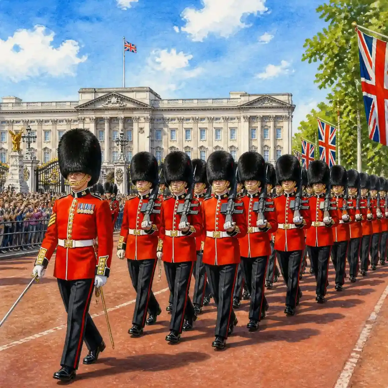 Foot Guards in bearskin caps and red tunics marching along The Mall towards Buckingham Palace during the Changing of the Guard in London