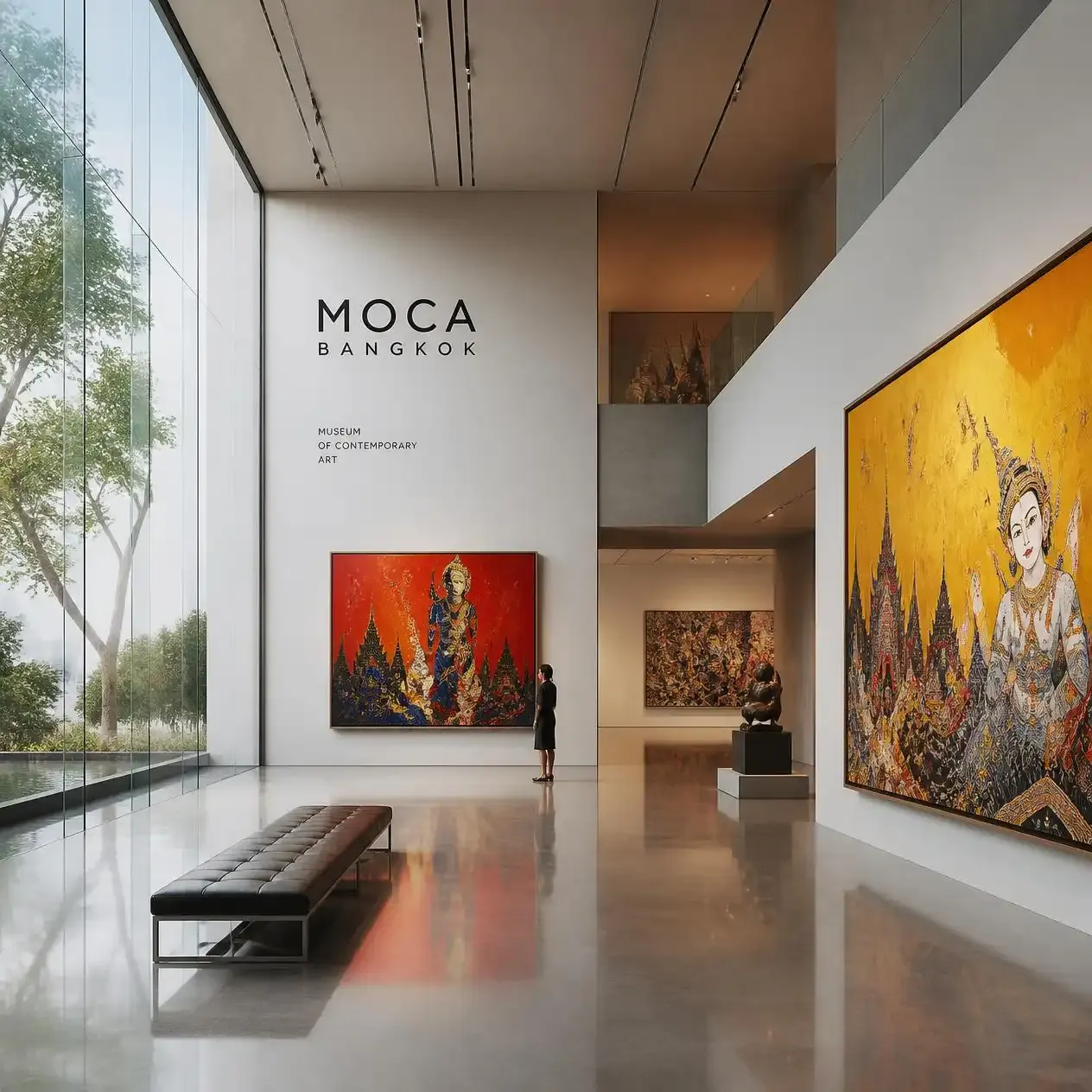 Contemporary Thai paintings displayed in a naturally lit gallery at MOCA Bangkok in Chatuchak
