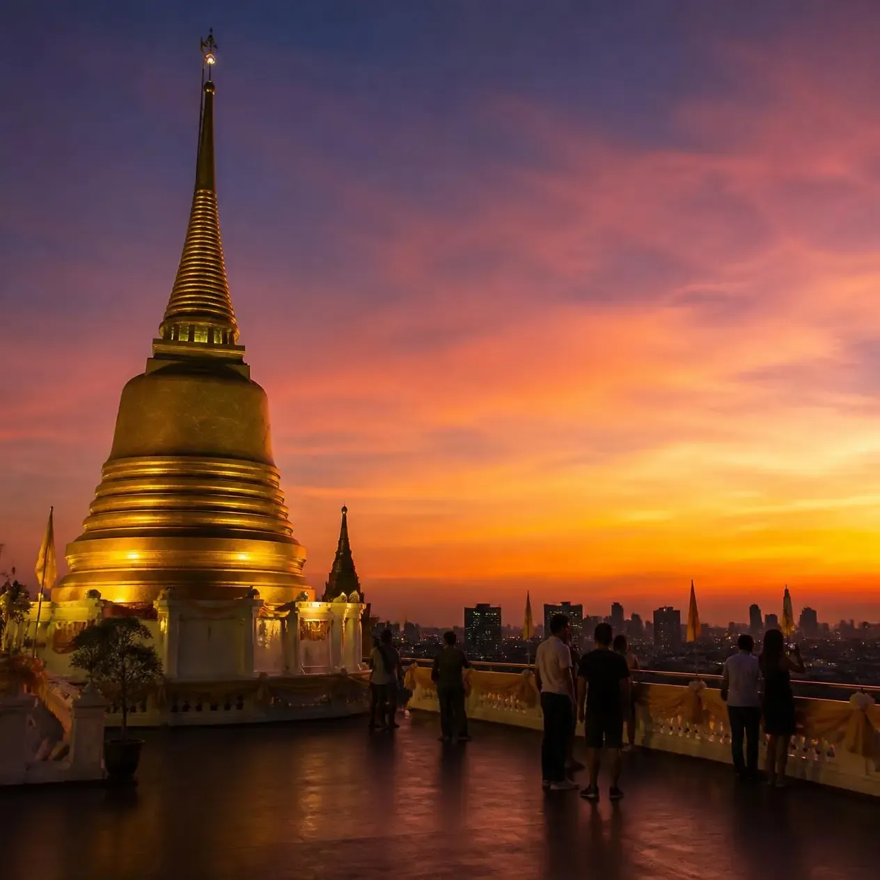 The gold chedi and circular viewing terrace at the summit of Wat Saket overlooking the Bangkok old city at dusk