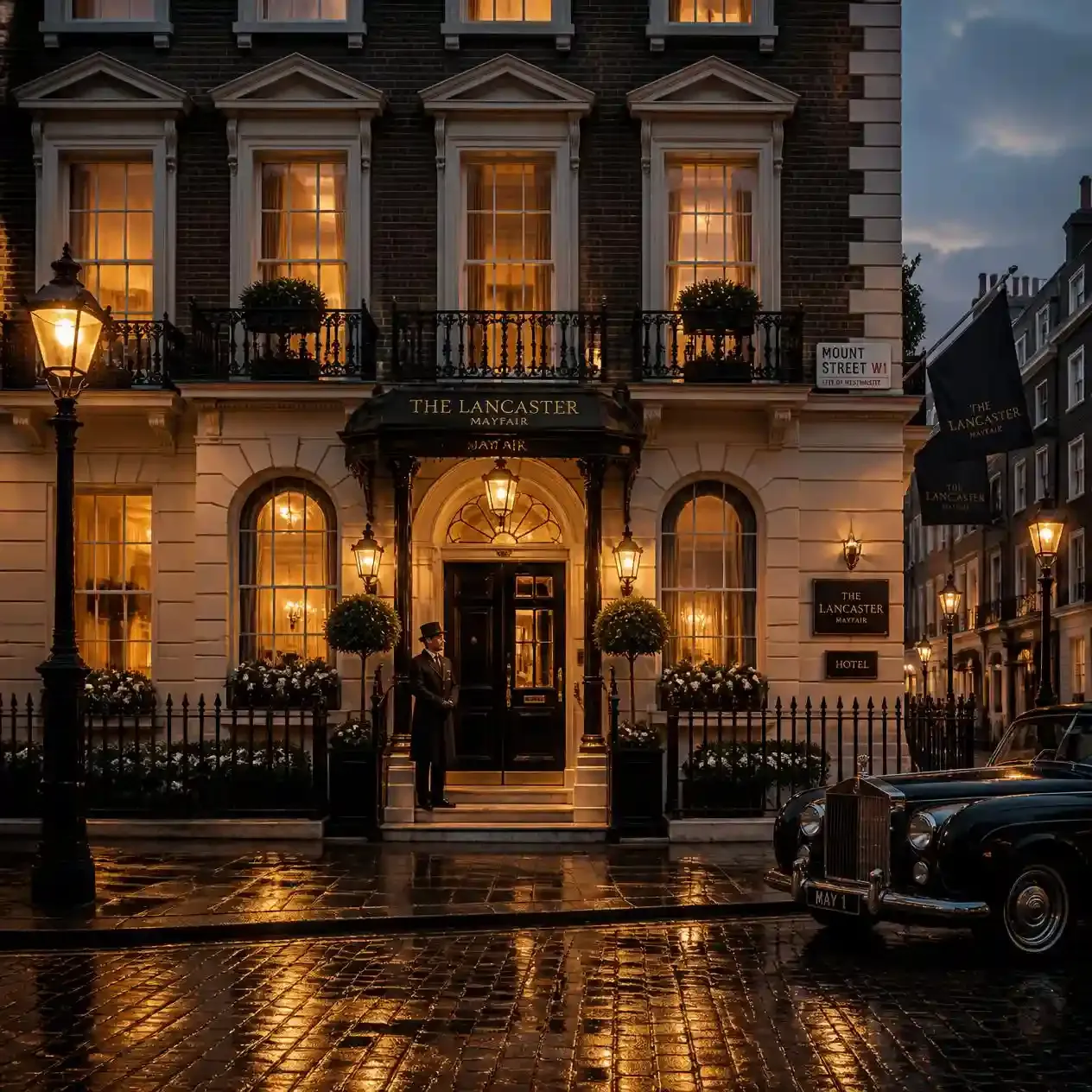 Grand Georgian townhouse hotel facade in Mayfair, one of the best hotels in London areas, lit at dusk