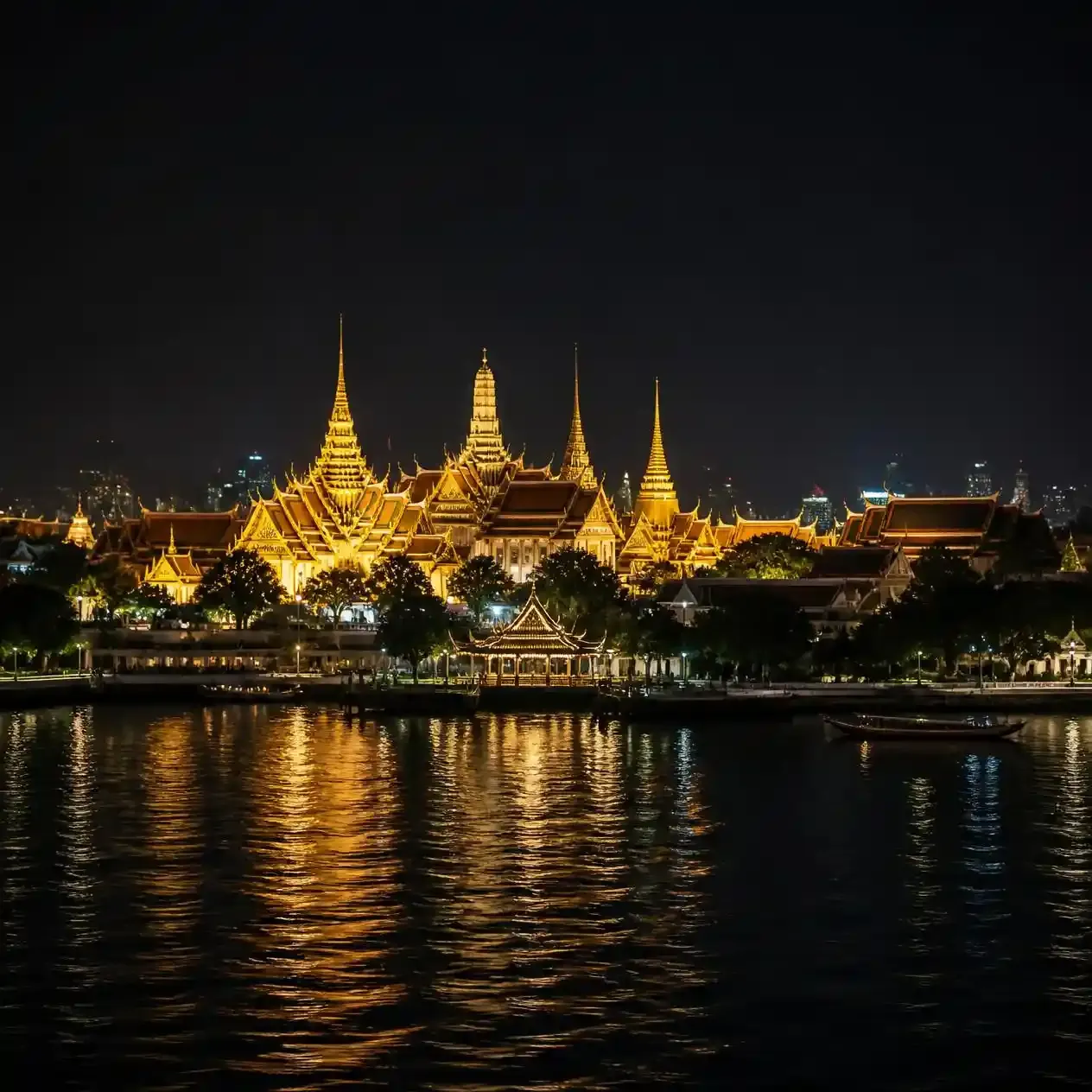 The Grand Palace and Wat Phra Kaew floodlit at night seen from the water during a Chao Phraya dinner cruise in Bangkok
