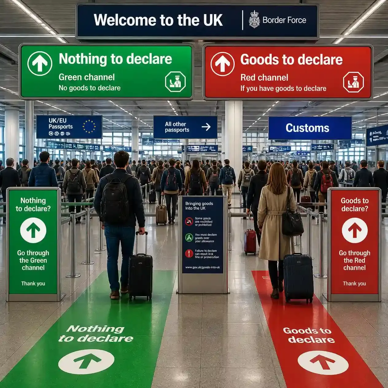 Green channel and red channel customs signage at a London airport, part of the UK entry requirements at the border