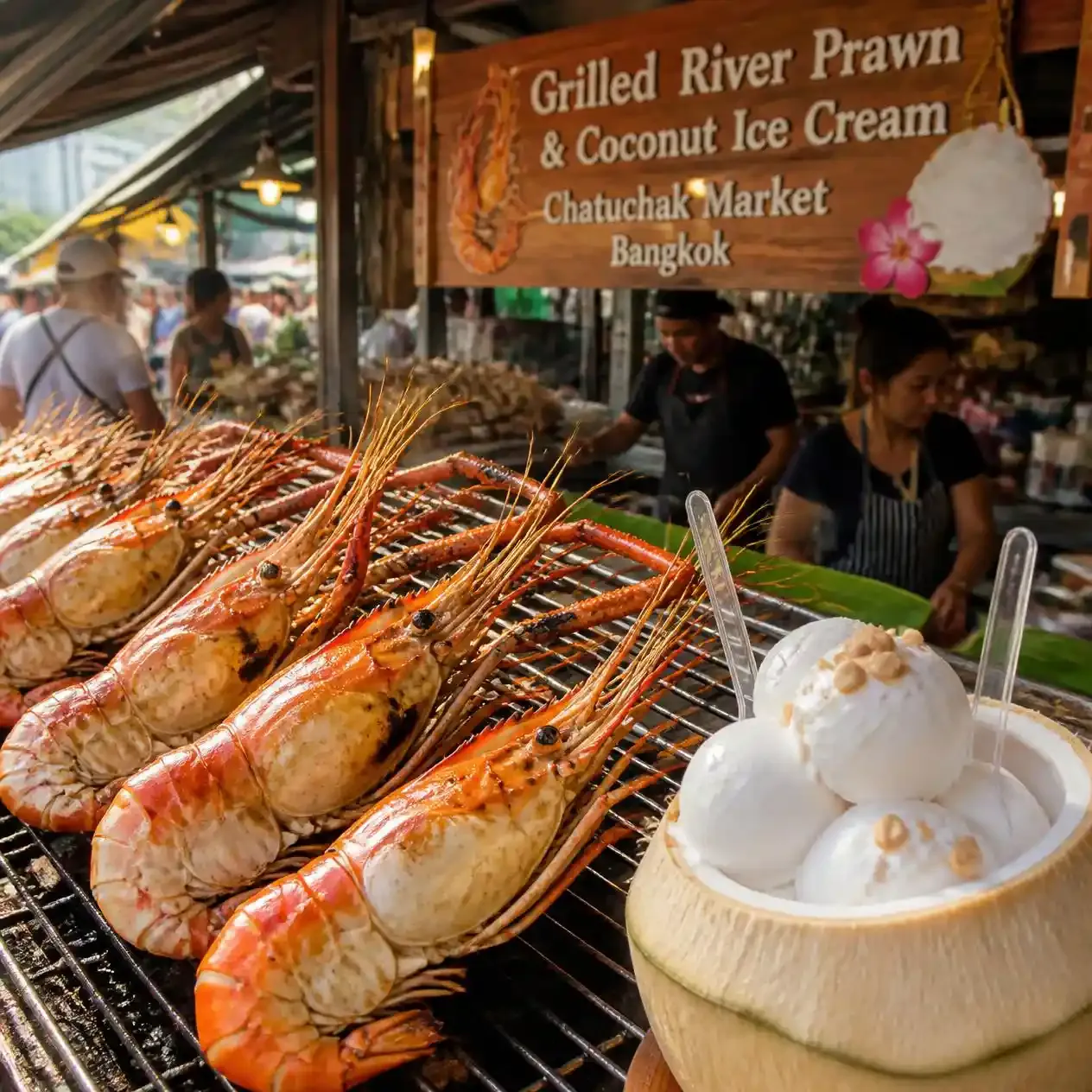 Vendor grilling river prawns beside a coconut ice cream stall in the food section of Chatuchak Weekend Market Bangkok