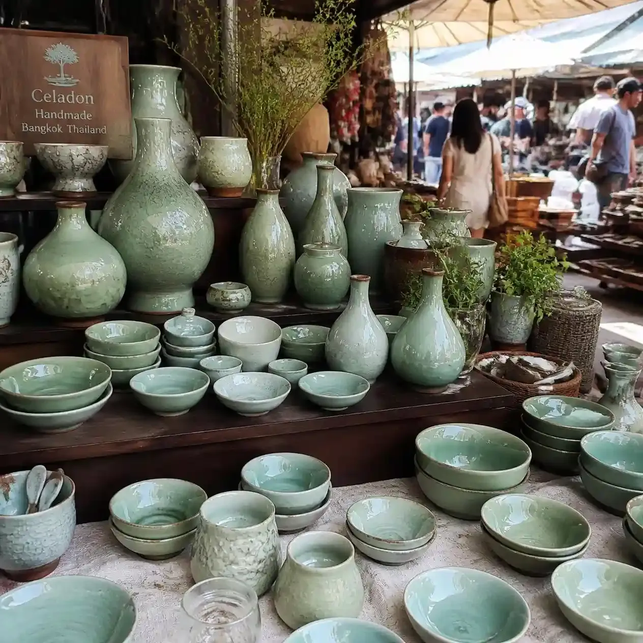 Crackle-glazed Thai celadon bowls and vases arranged on a craft stall at Chatuchak Weekend Market in Bangkok
