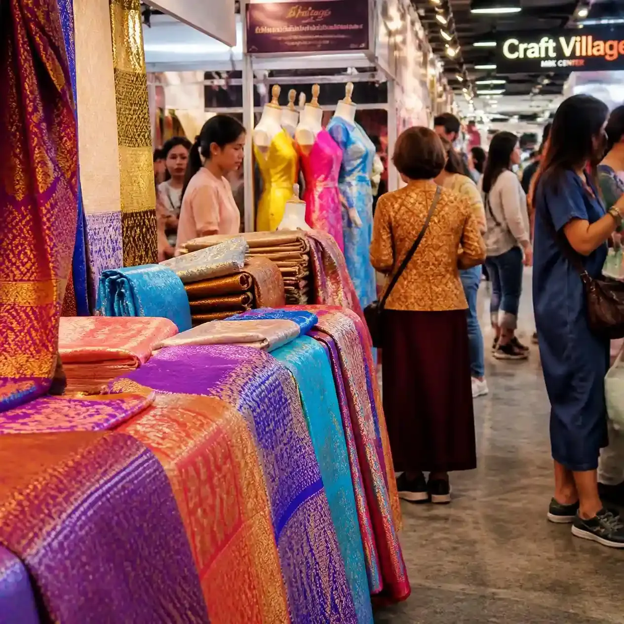 Handwoven Thai silk lengths and ceramics displayed at the Craft Village inside MBK Center Bangkok