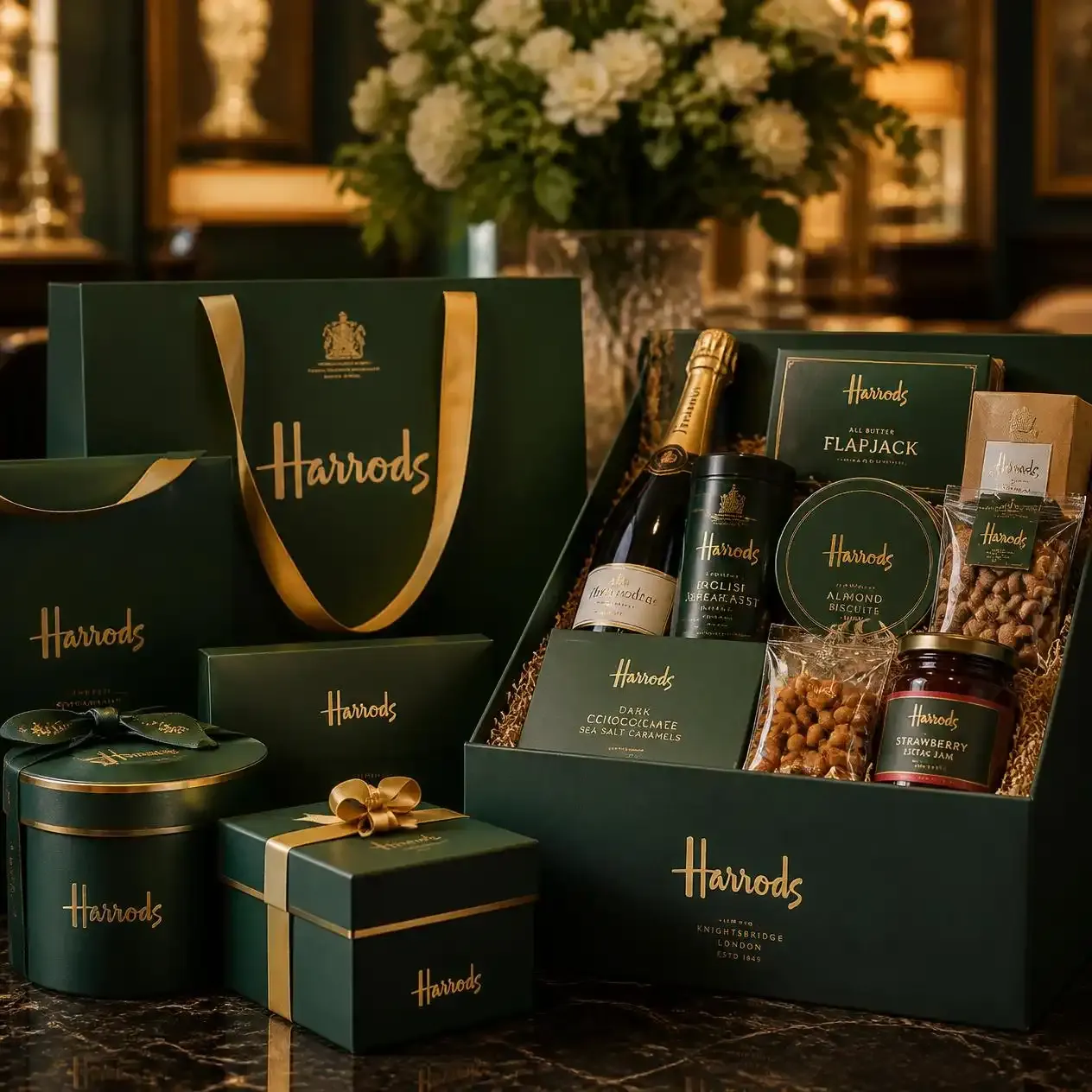Harrods signature green and gold shopping bags and gift hampers, a common souvenir from the Knightsbridge store
