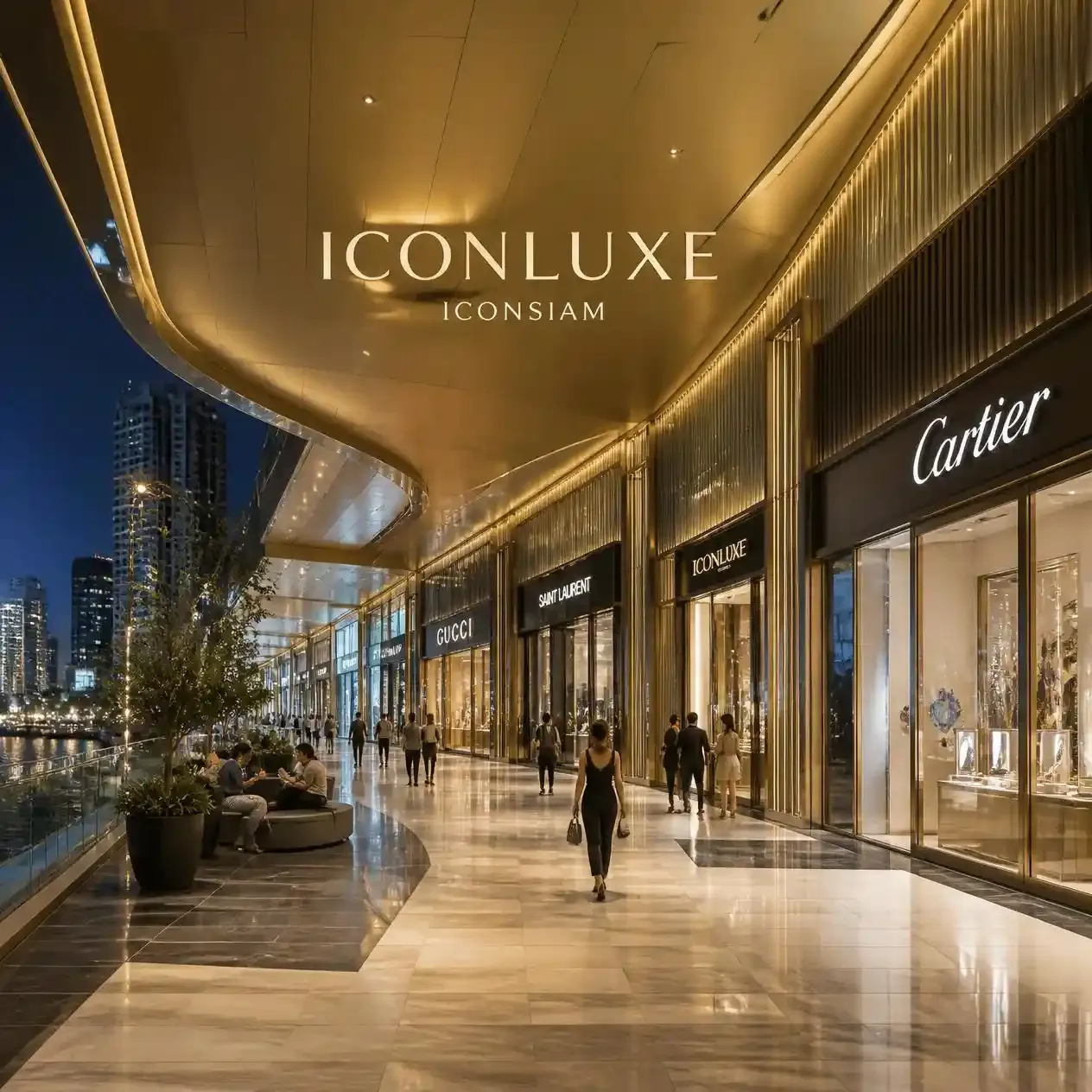 Designer boutique frontages in the ICONLUXE wing at ICONSIAM overlooking the Chao Phraya River in Bangkok