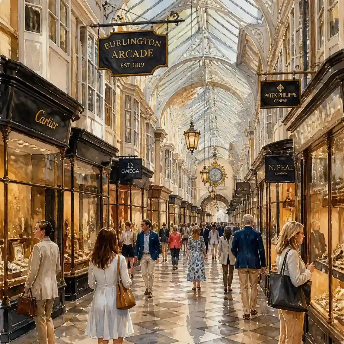 The glass-roofed interior of Burlington Arcade, a covered Regency shopping passage off Piccadilly in London