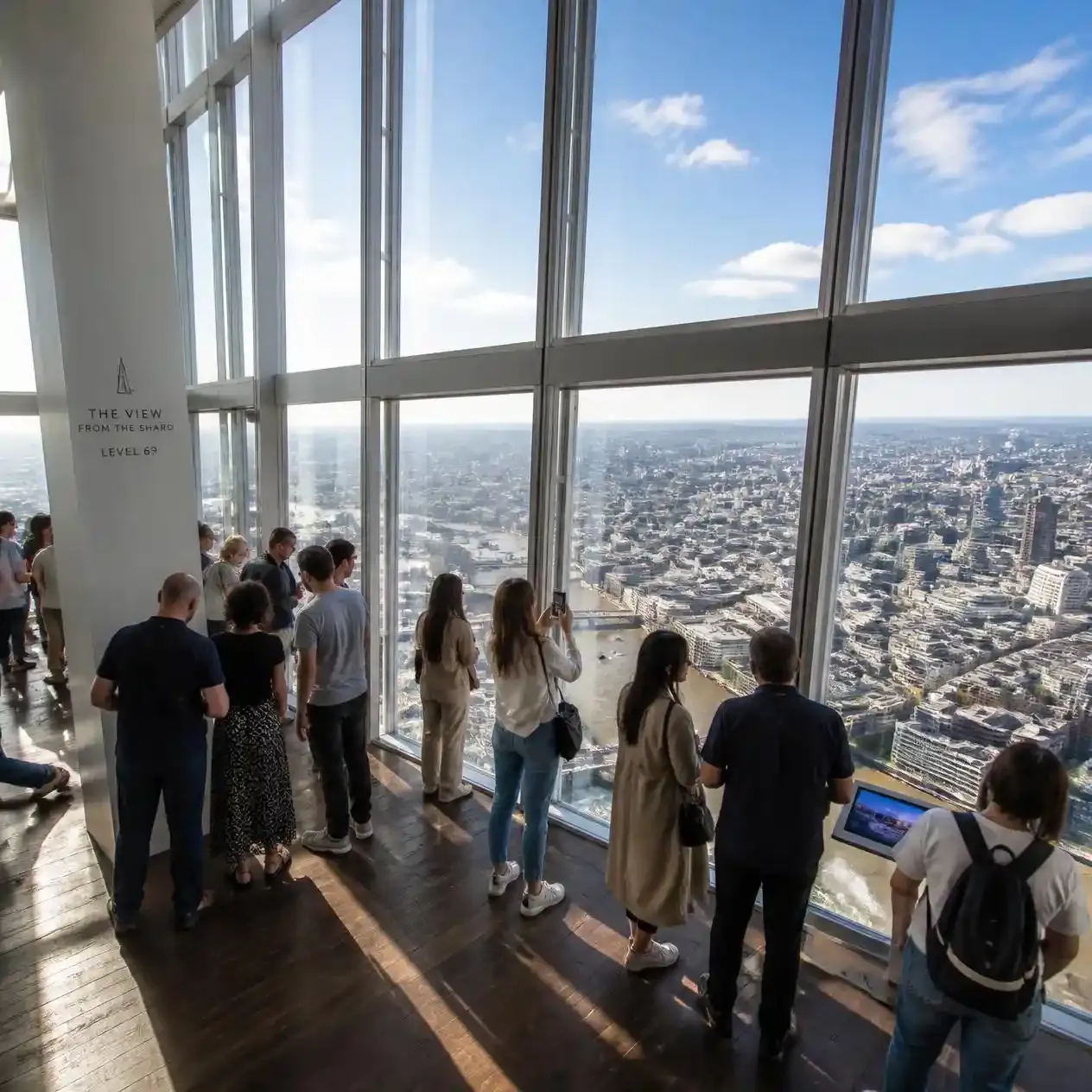 Visitors at The View from The Shard indoor gallery on Level 69 looking out over the London skyline through floor-to-ceiling glass