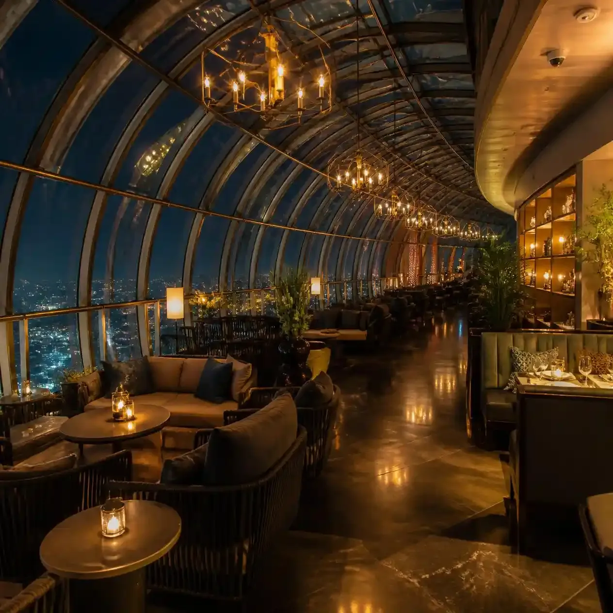 Arched glass ceiling and lounge seating inside Vertigo TOO on the 60th floor of Banyan Tree Bangkok