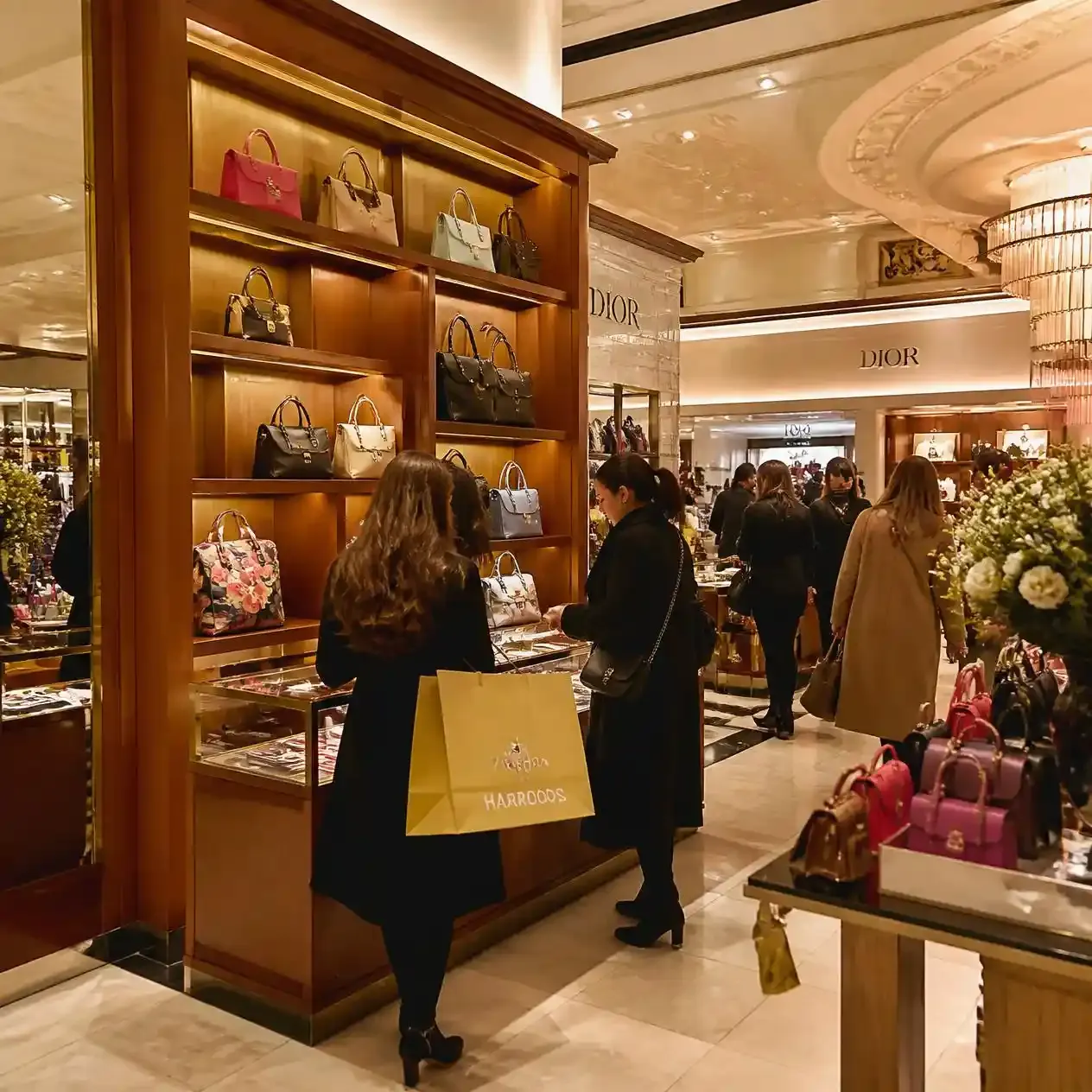 Designer handbag display inside a London department store, a common starting point for tax-free shopping in London