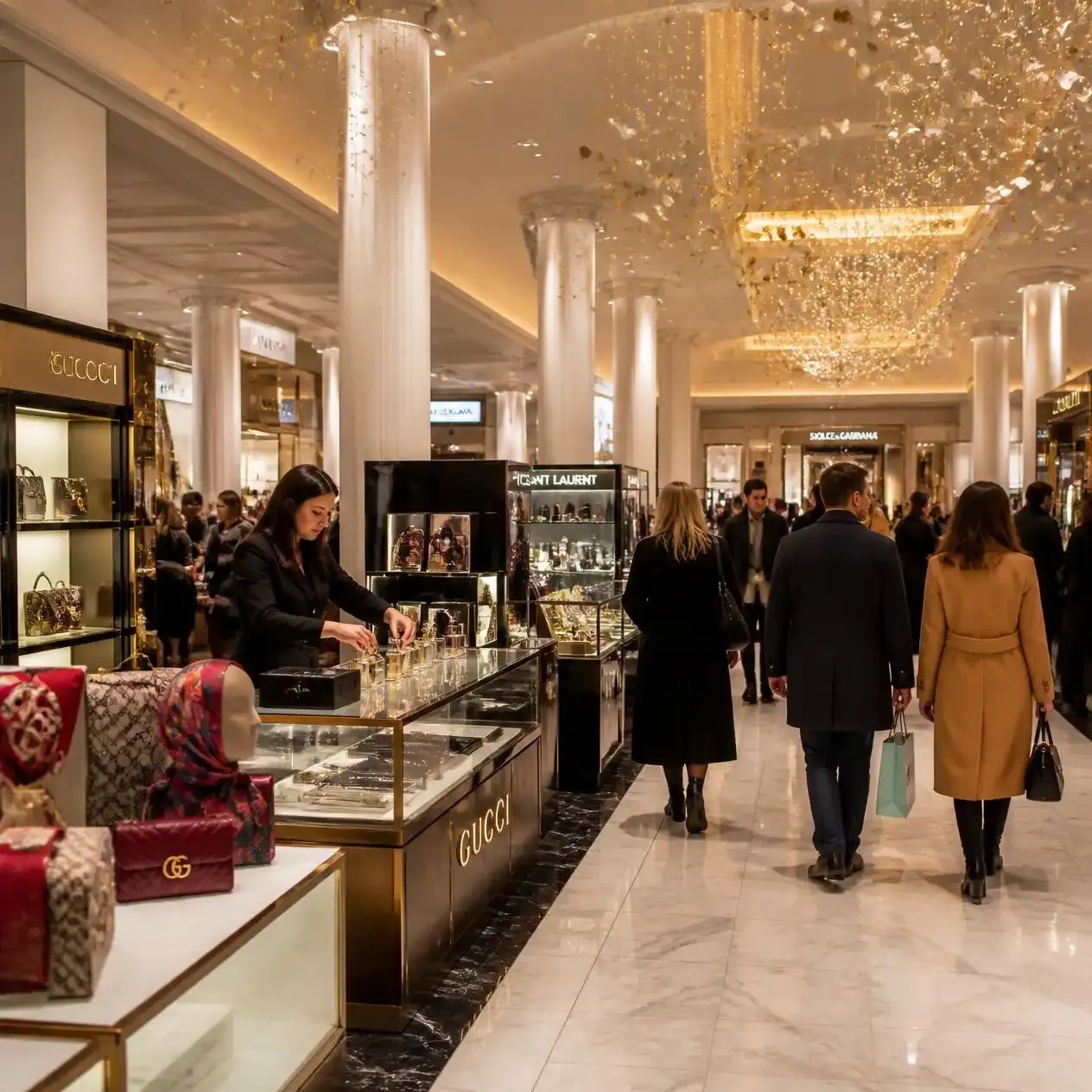 Interior of a luxury London department store with designer displays, where tax-free shop and ship is offered