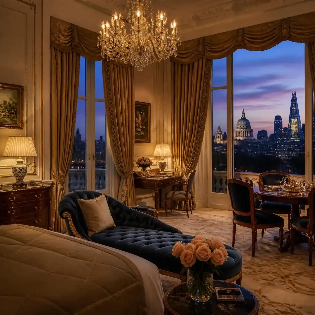Elegant luxury hotel suite interior in London with tall windows and city views, among the best hotels in London