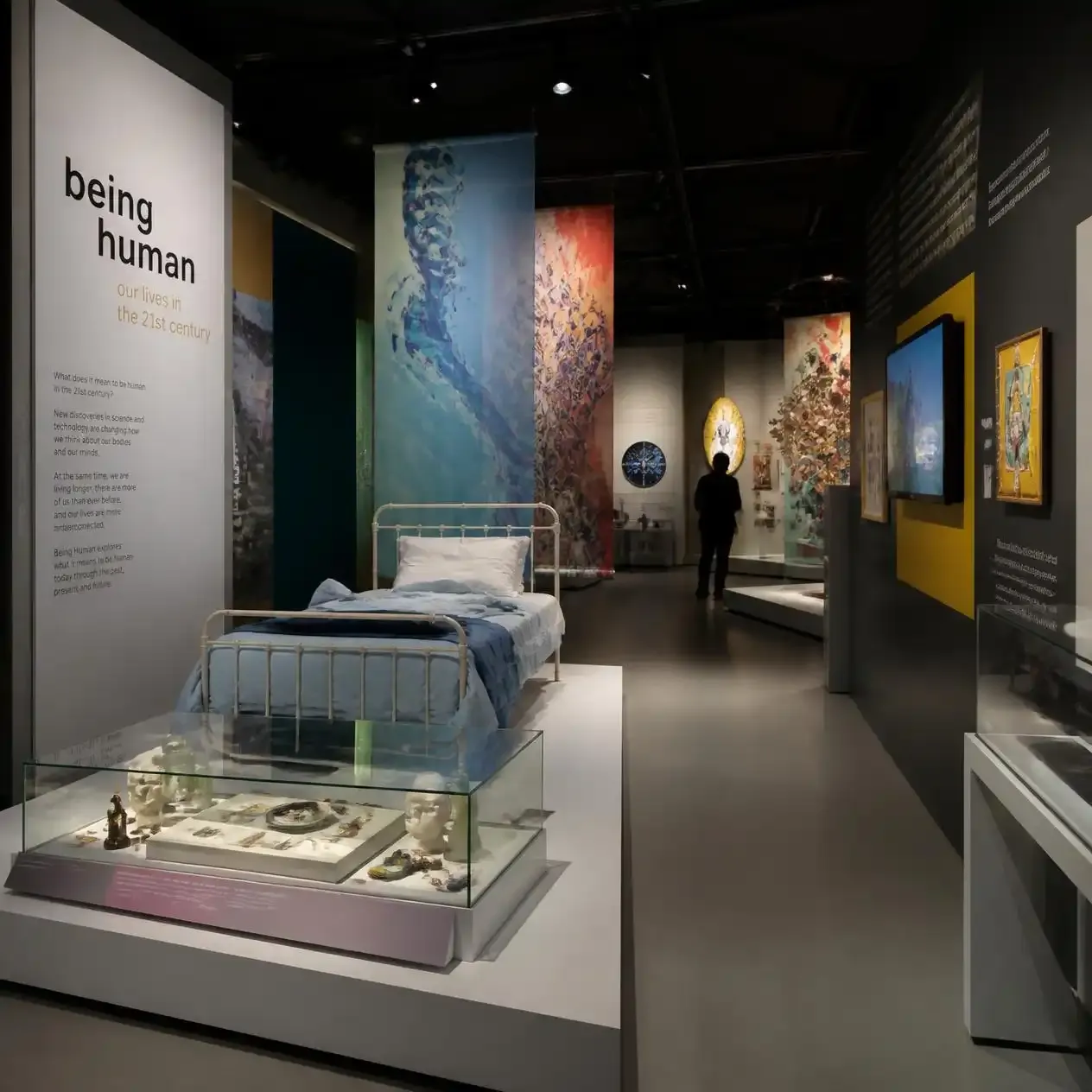 Contemporary artworks and objects on display inside the Being Human gallery at the Wellcome Collection London