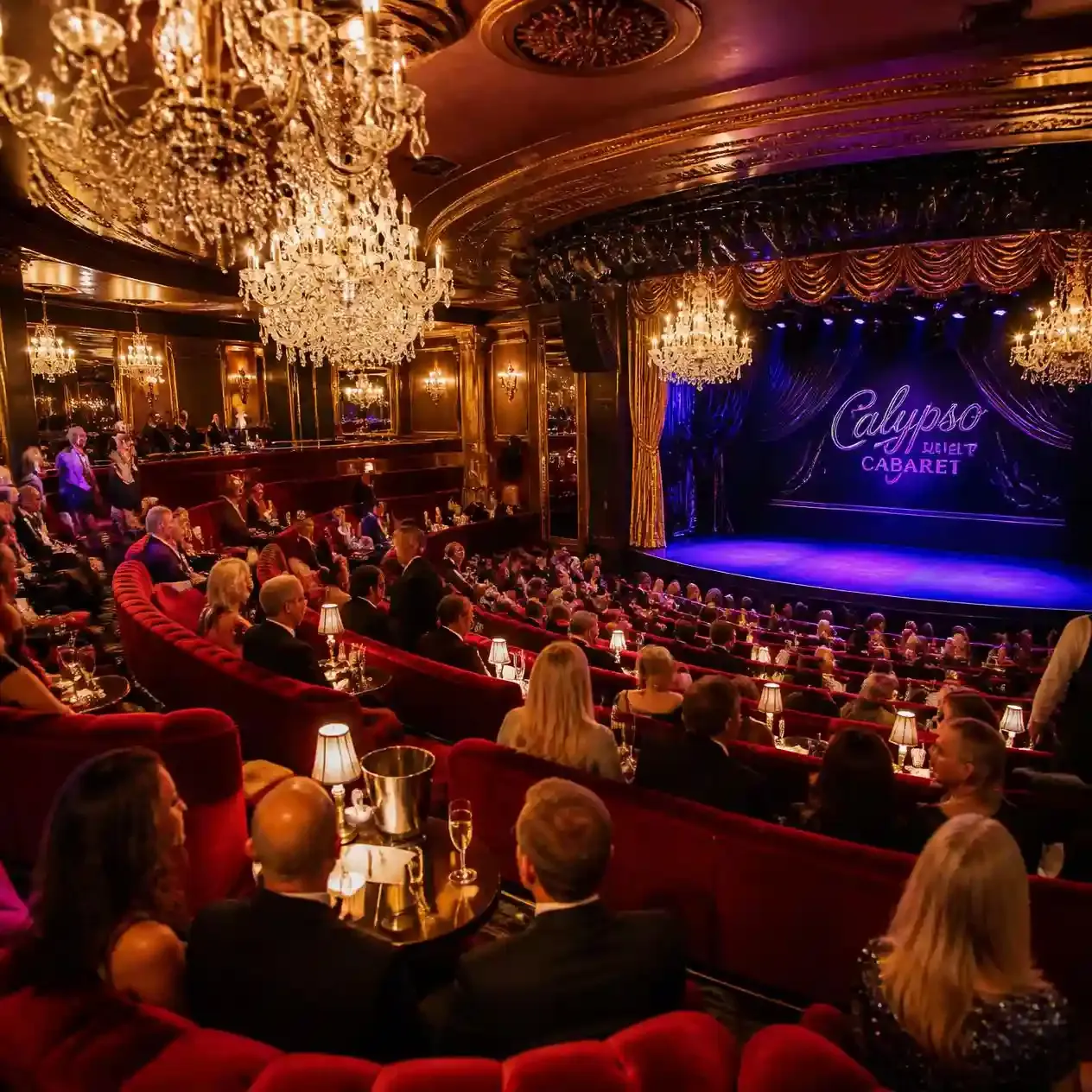 Raked auditorium seating with small tables inside the Calypso Cabaret theatre at Asiatique in Bangkok before a show
