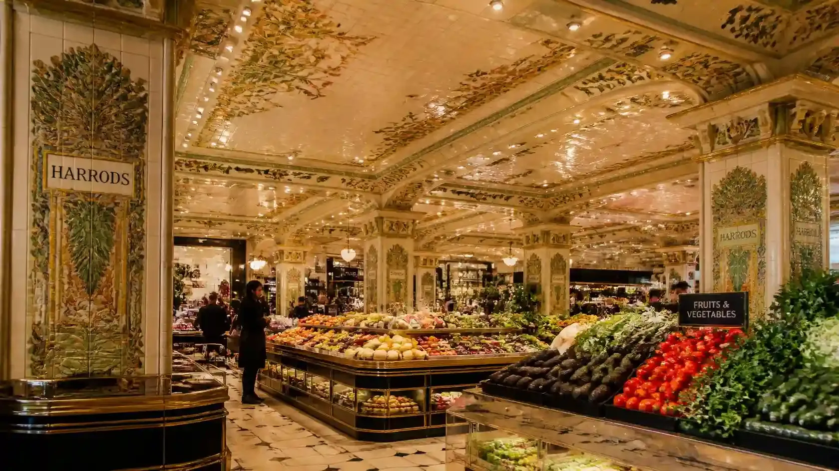The hand-painted art nouveau tiled interior of the Harrods Food Halls in Knightsbridge, London, with produce counters
