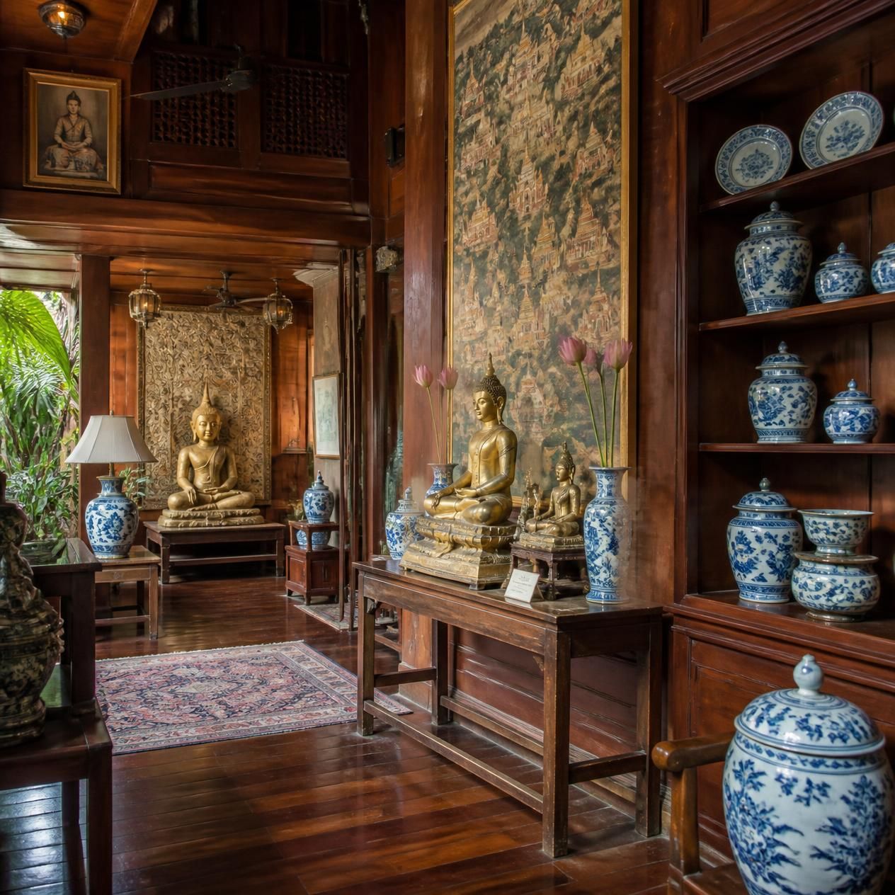 Teak-walled interior room at the Jim Thompson House Bangkok displaying blue-and-white porcelain and seated Buddha figures