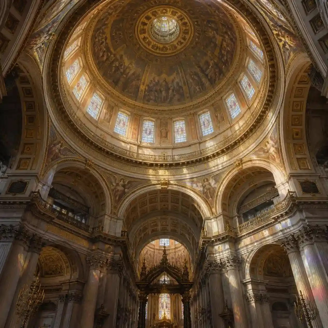 The painted interior of the St Paul's Cathedral dome seen from below, with the Whispering Gallery ring circling its base