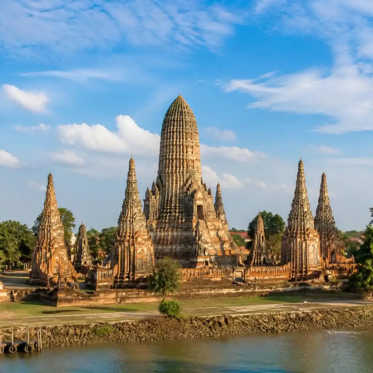 Khmer-style central prang and surrounding towers of Wat Chaiwatthanaram beside the Chao Phraya river at Ayutthaya near Bangkok