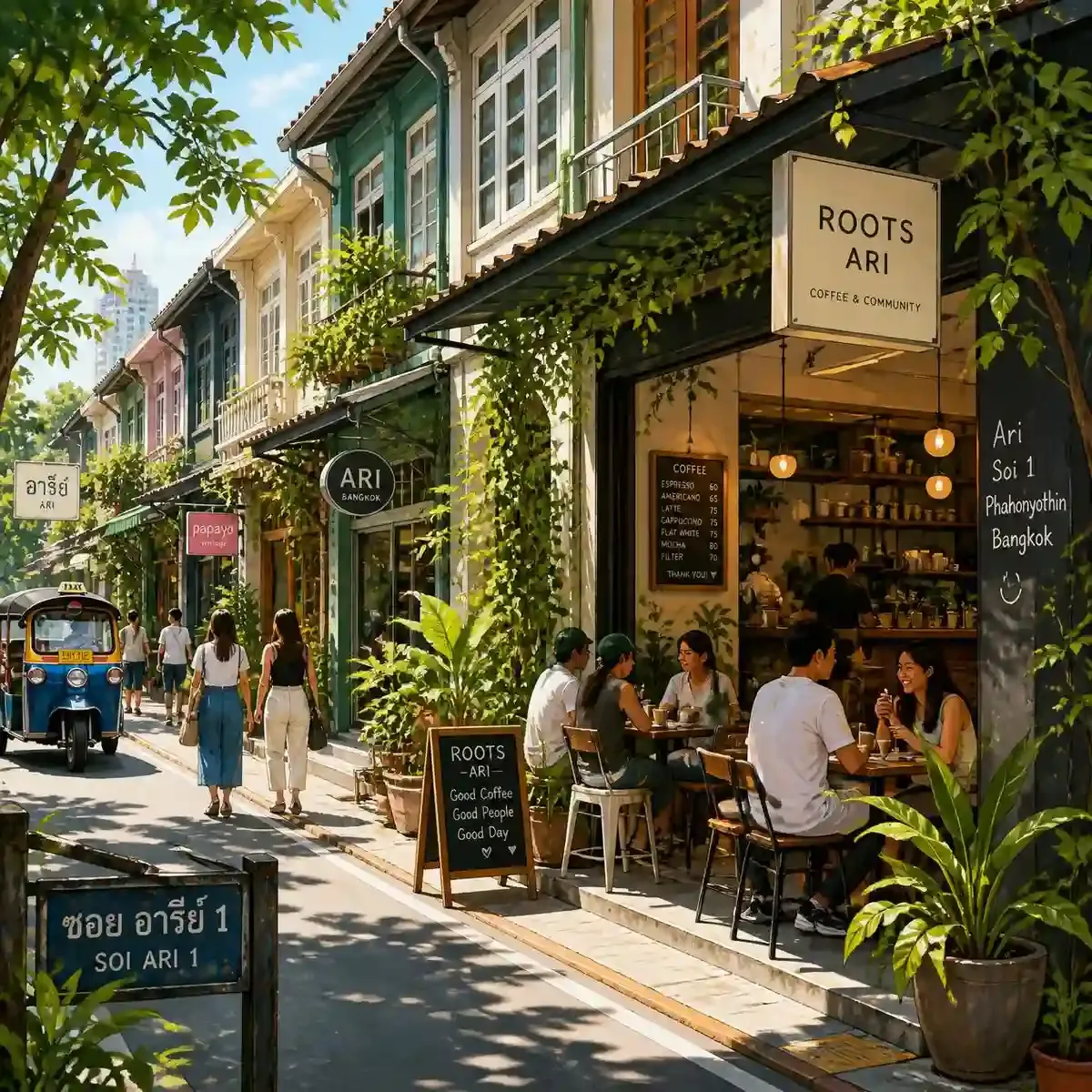 Quiet leafy residential street in the Ari neighbourhood of Bangkok lined with cafés and low-rise shophouses
