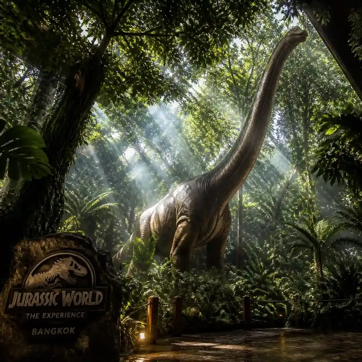 Life-sized Brachiosaurus animatronic lit by jungle canopy lighting at Jurassic World Bangkok, Asiatique The Riverfront