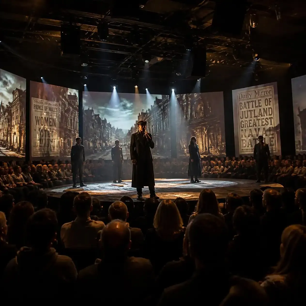 Live cast performing against multiple screens during a Secret Cinema London immersive film production