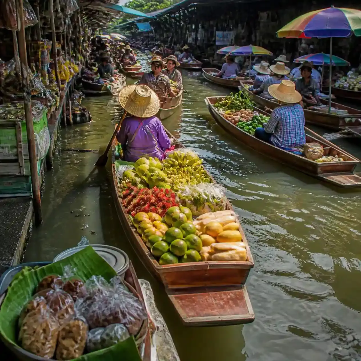 Vendors selling fruit and flowers from wooden longtail boats in the narrow canal at Damnoen Saduak floating market near Bangkok