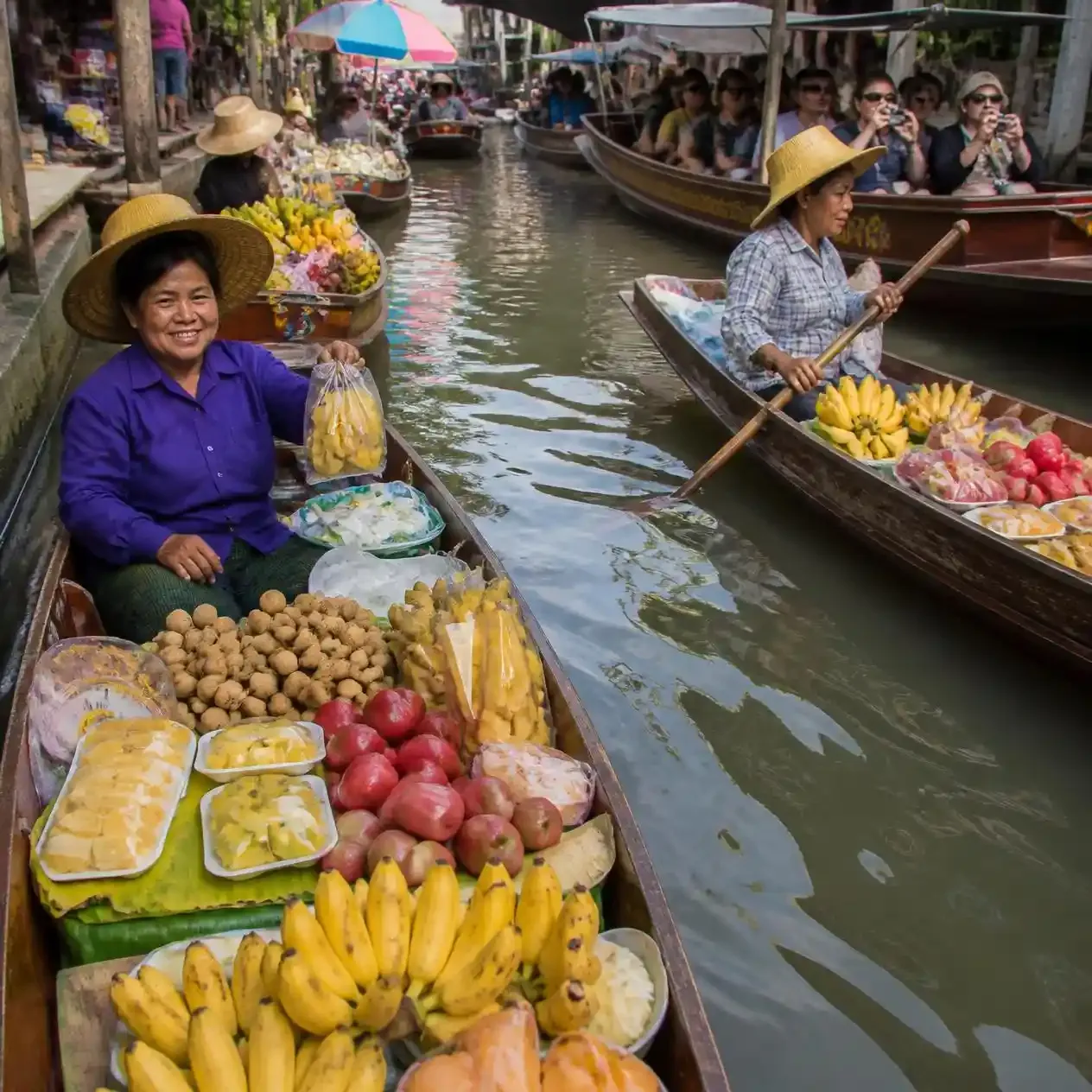 Shoppers moving through the narrow covered aisles of Chatuchak Weekend Market in Bangkok, stalls stacked with clothing and crafts
