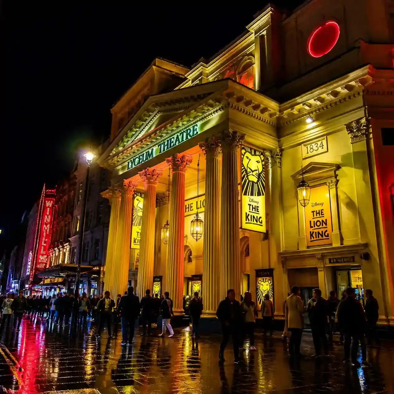 The Lyceum Theatre exterior lit up at night on Wellington Street in Covent Garden, home of The Lion King in London