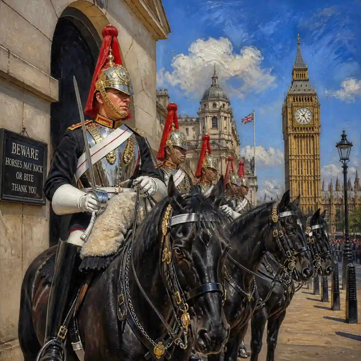 Mounted Household Cavalry soldiers in plumed helmets on horseback at Horse Guards on Whitehall in London