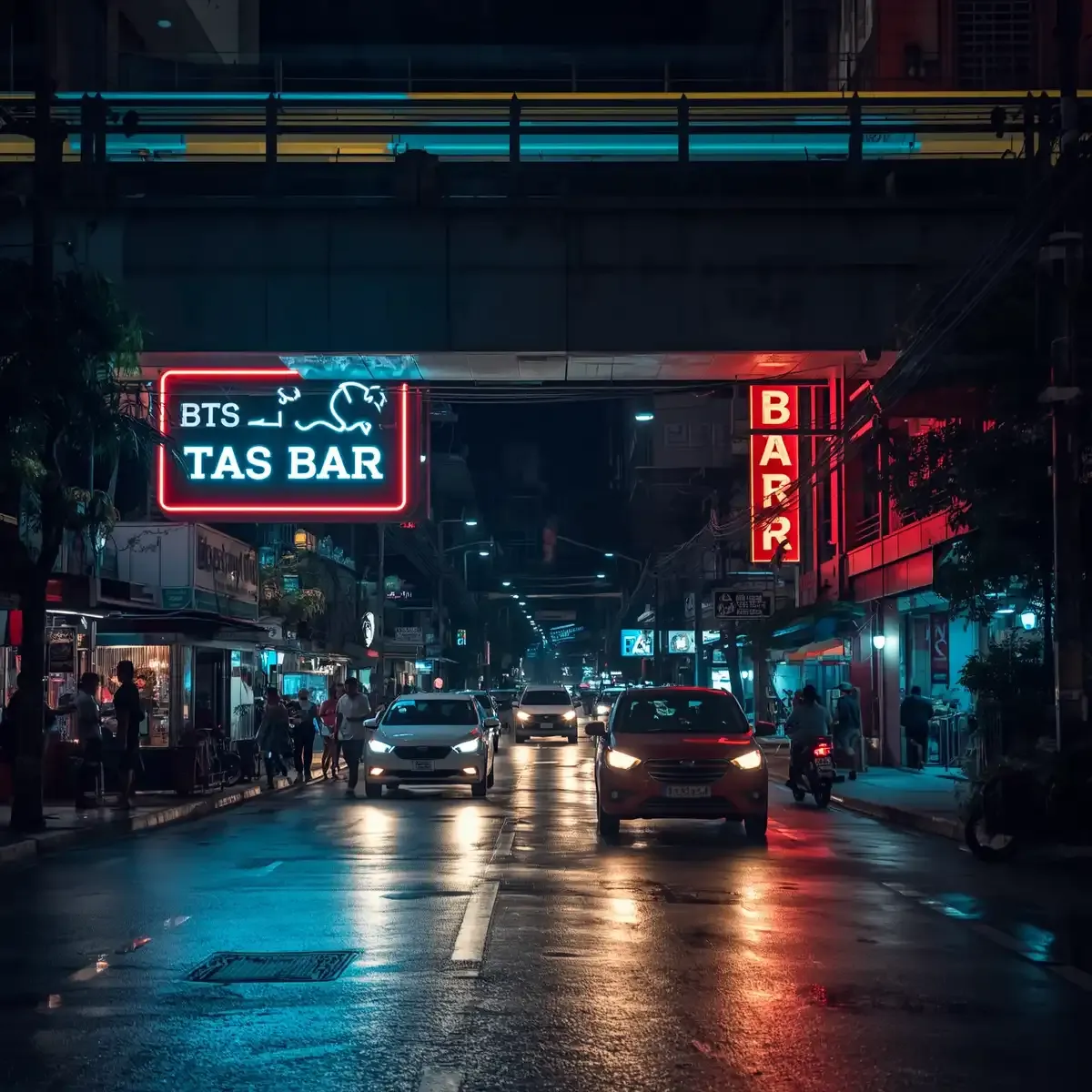 Neon bar signs along a Sukhumvit soi in Bangkok at night with the BTS Skytrain track overhead