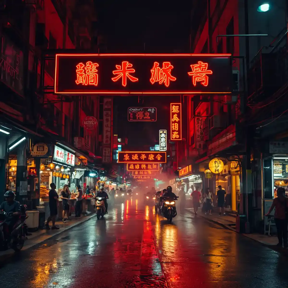 Neon shop signs above street food stalls on Yaowarat Road in Bangkok Chinatown at night