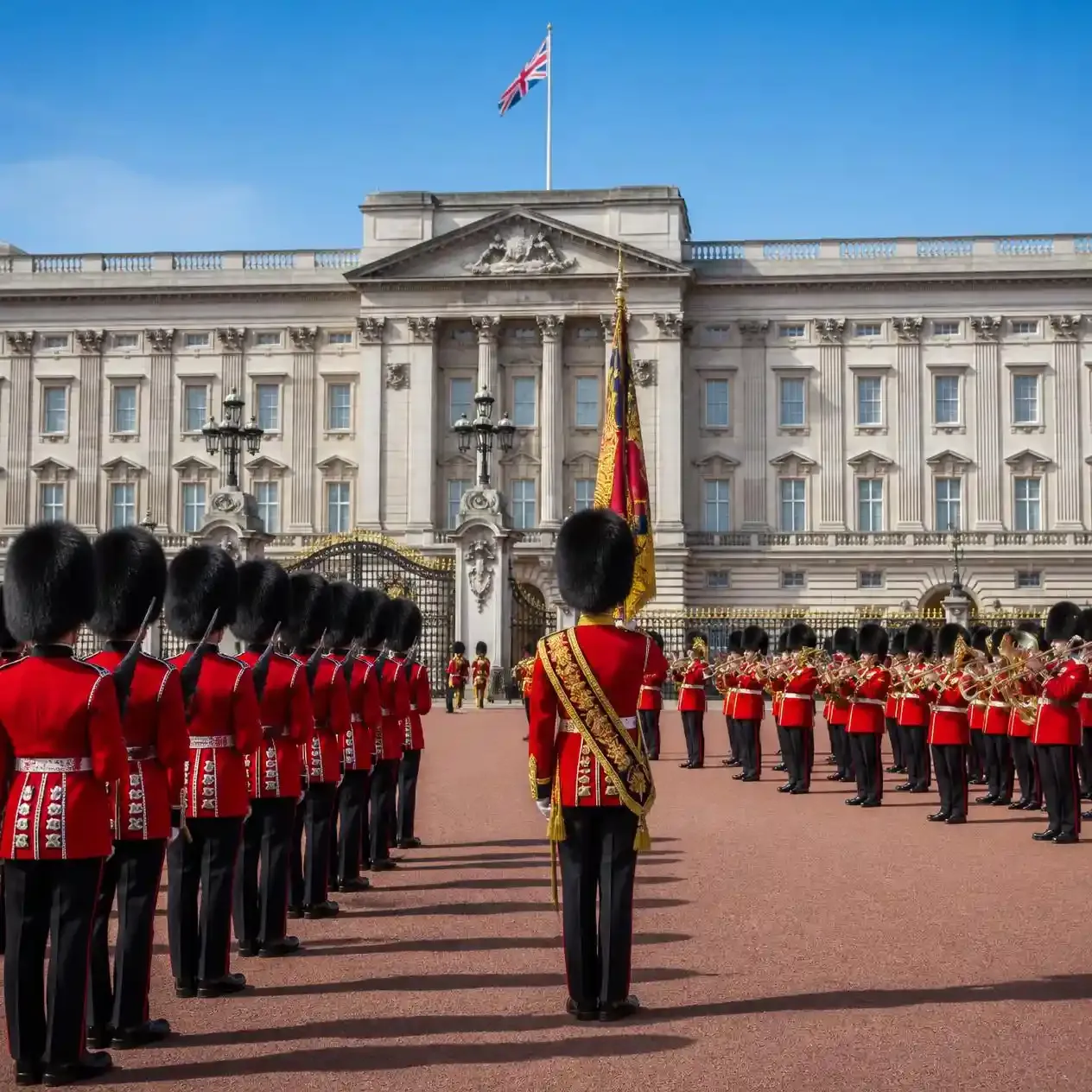 New Guard formed up in the forecourt of Buckingham Palace during the Changing of the Guard handover ceremony in London