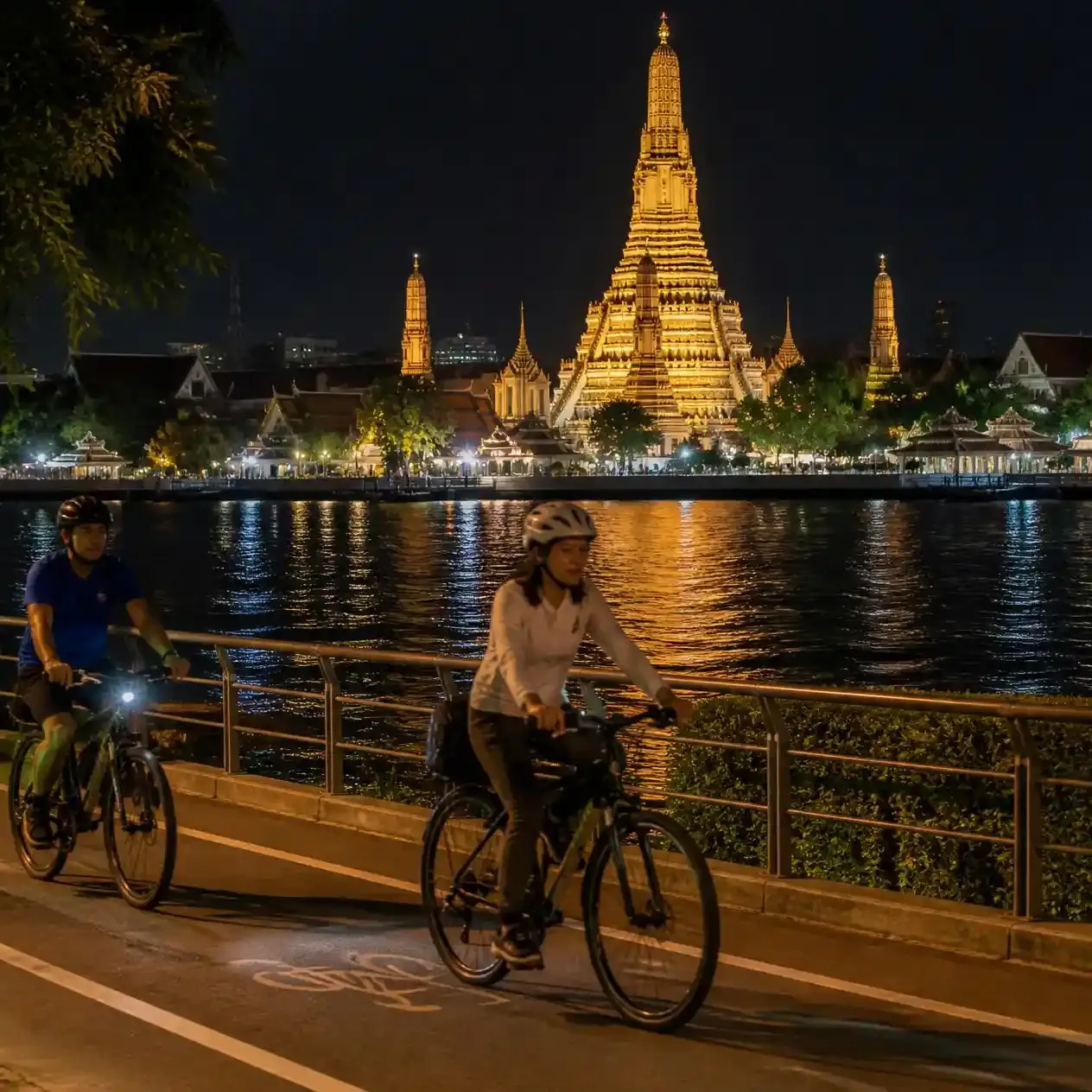 Cyclists on a night Bangkok bike tour riding past Wat Arun floodlit across the Chao Phraya River
