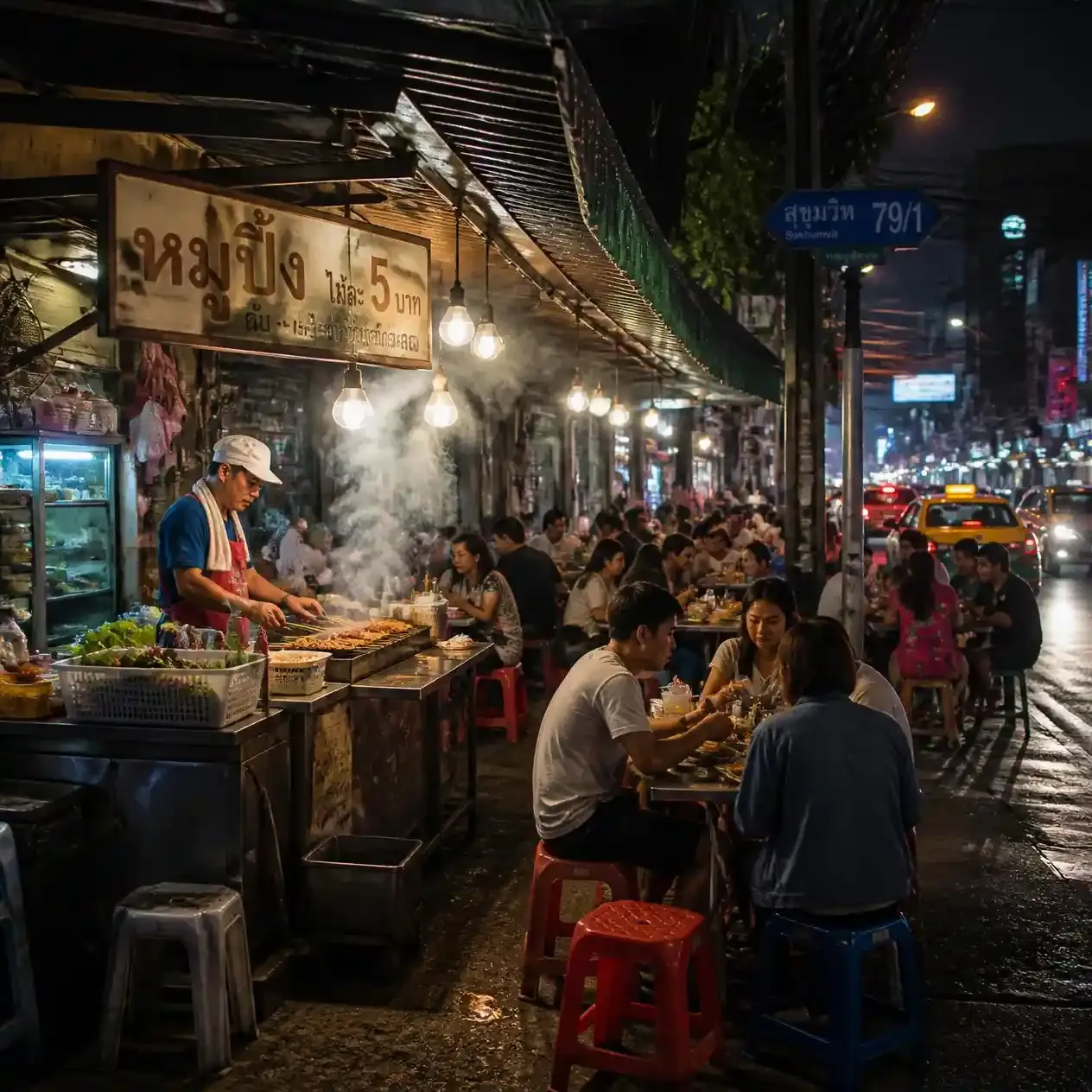 Open-air street food restaurant with grill and stools at night in the Pratunam area of Bangkok