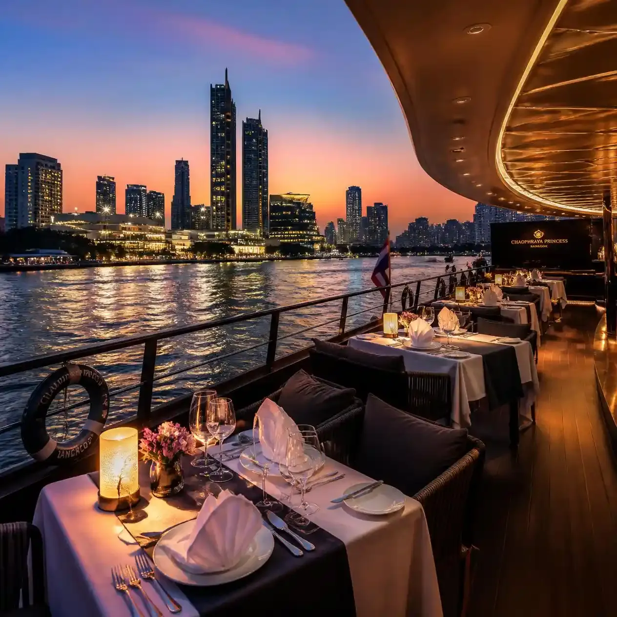 Open-air upper deck of a Chao Phraya dinner cruise in Bangkok with tables set for dinner and the illuminated city skyline beyond