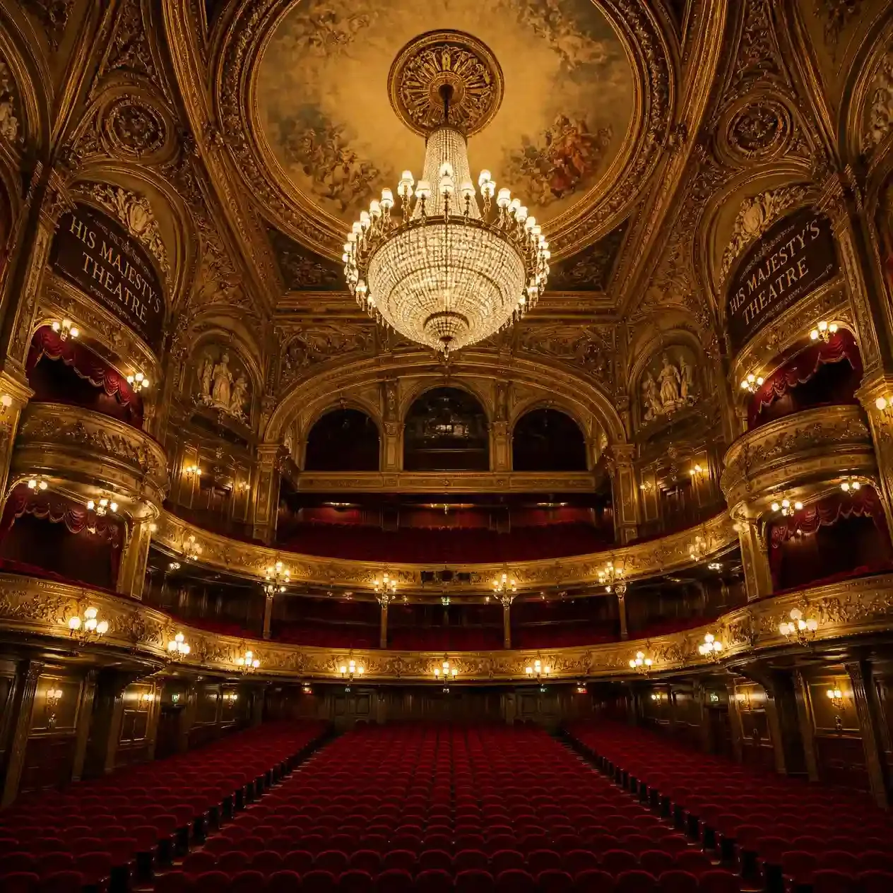 Gilded Victorian auditorium and chandelier above the Stalls at His Majesty's Theatre in London