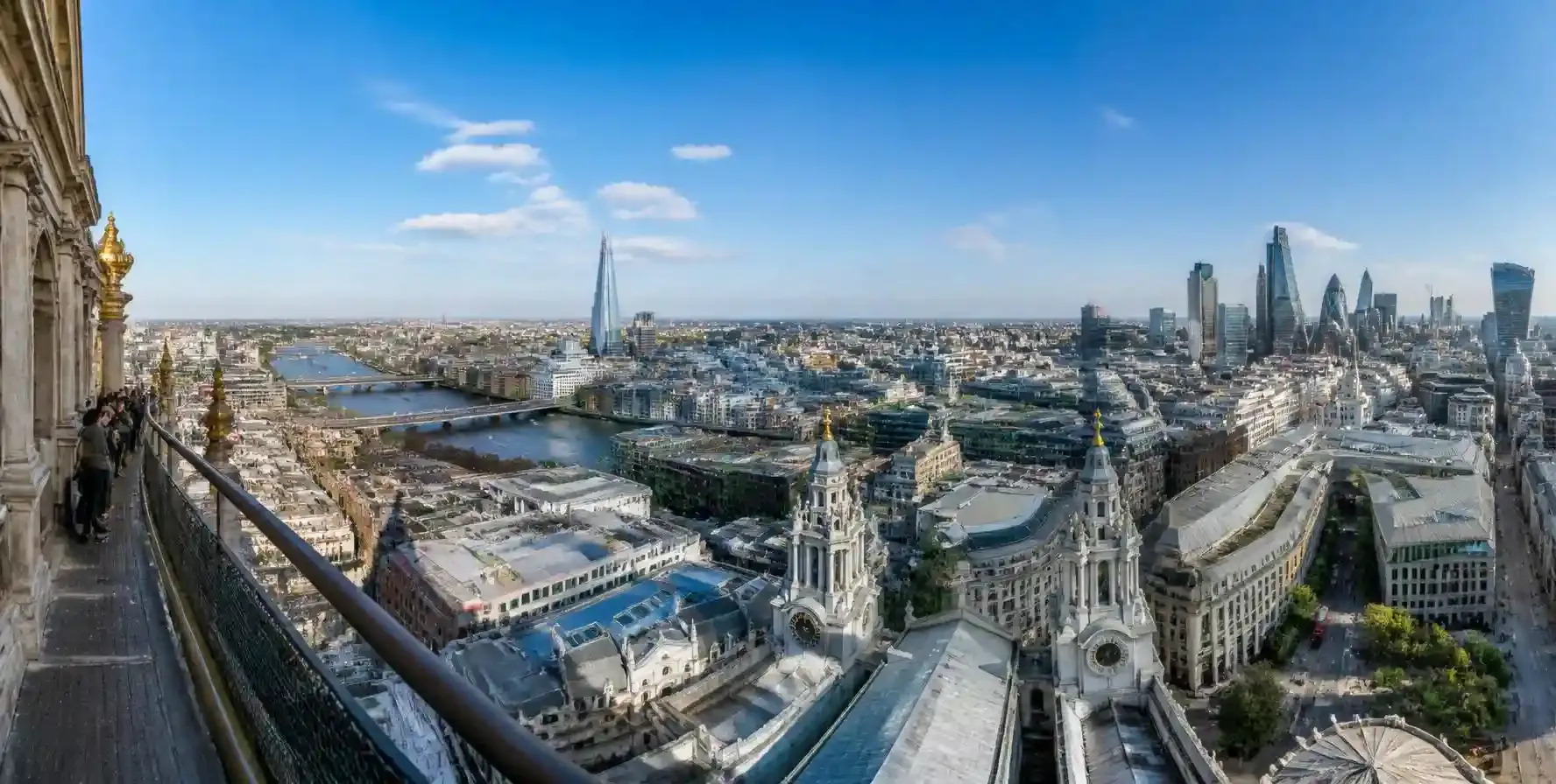 Panoramic view across London and the Thames from the Golden Gallery at the top of the St Paul's Cathedral dome