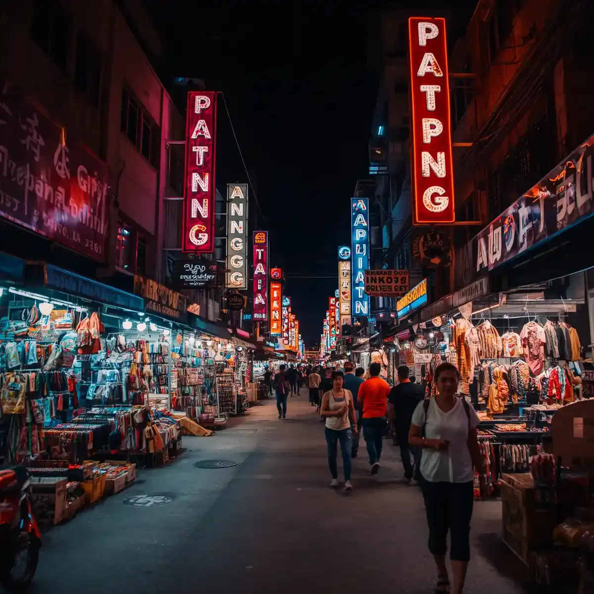Neon signage and souvenir stalls lining Patpong Night Market in Silom, Bangkok, after dark