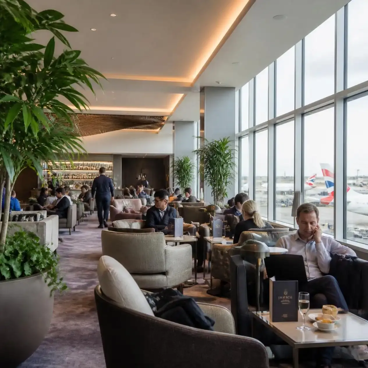 Premium departure lounge at a London airport with seating and natural light before a flight