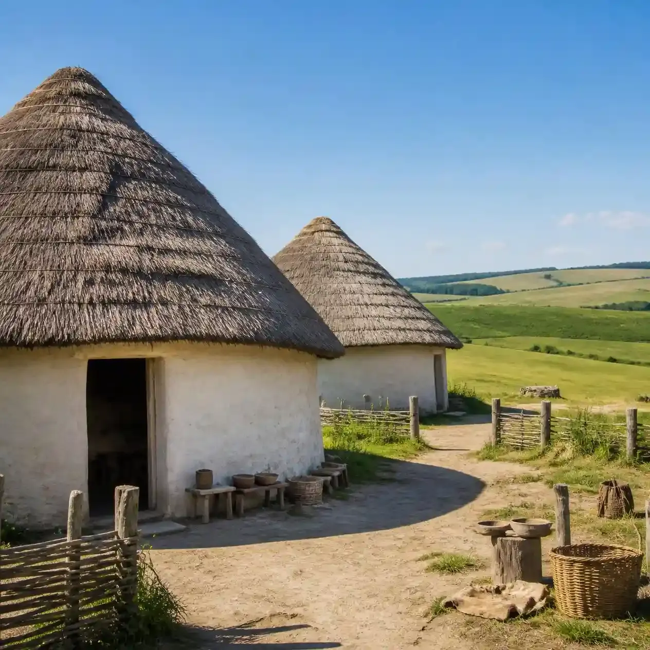 Reconstructed thatched Neolithic houses at the Stonehenge visitor centre in Wiltshire, England