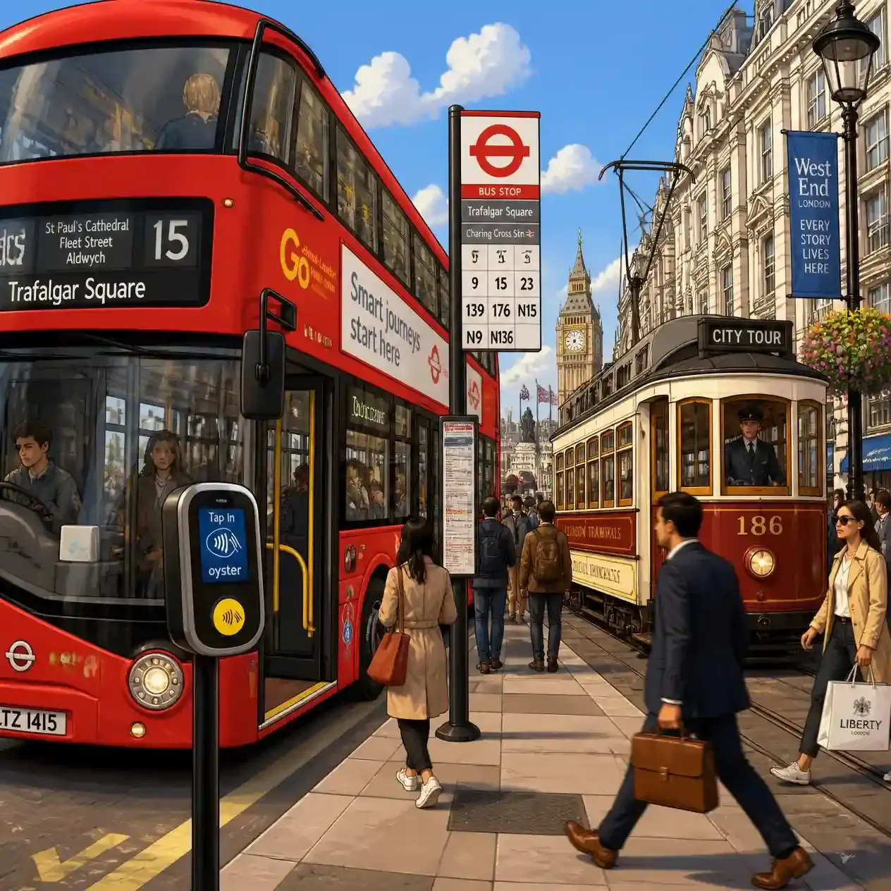 Red double-decker bus at a London stop with the yellow card reader visible beside the entrance doors