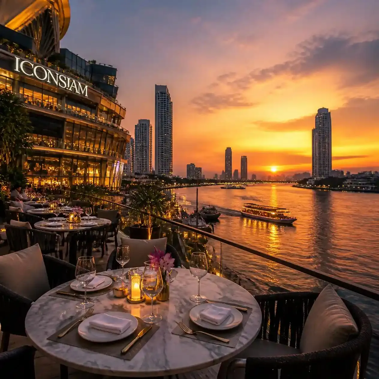 Outdoor terrace tables at ICONSIAM overlooking the Chao Phraya River in Bangkok at sunset
