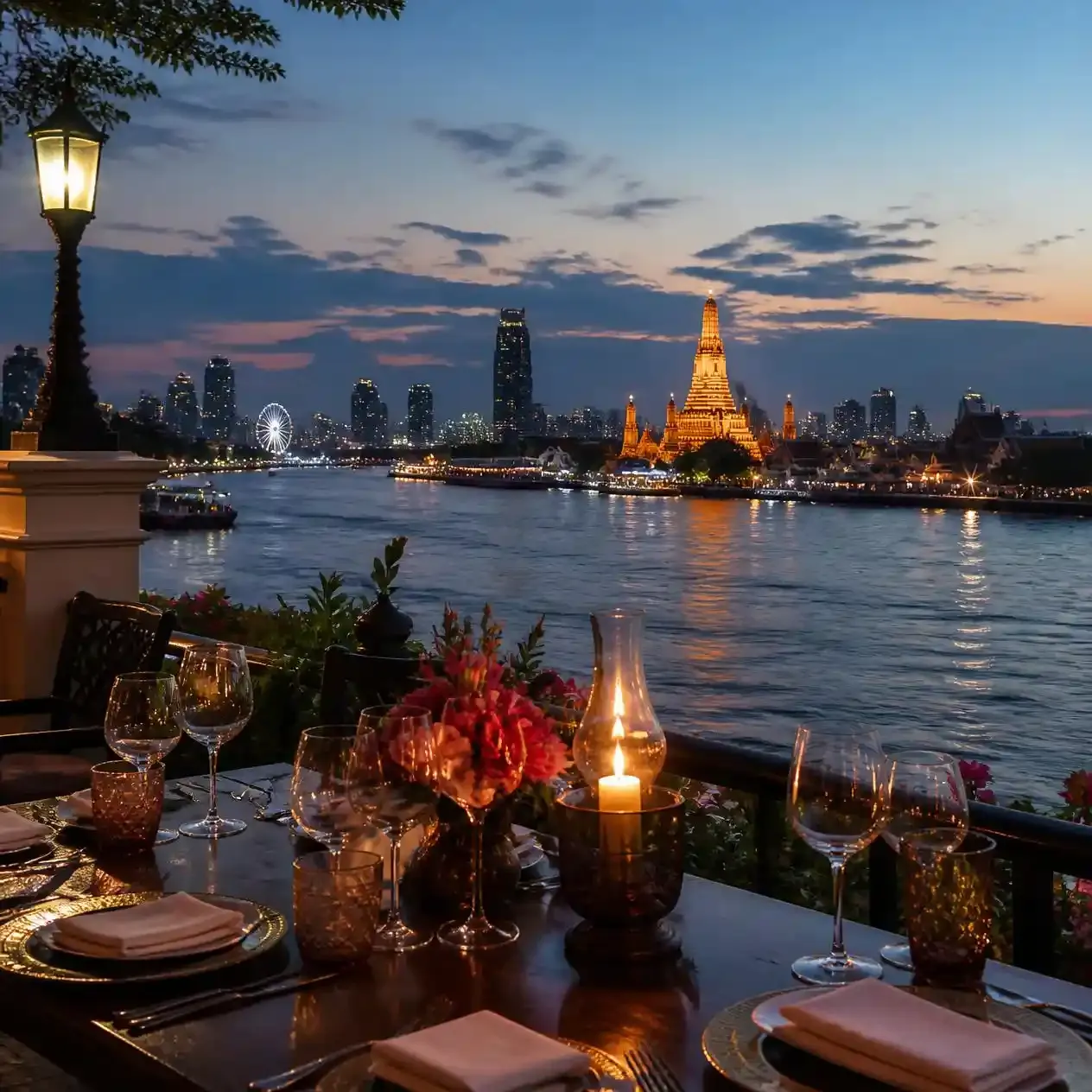 Riverside restaurant table set for fine dining overlooking the Chao Phraya River in Bangkok at dusk