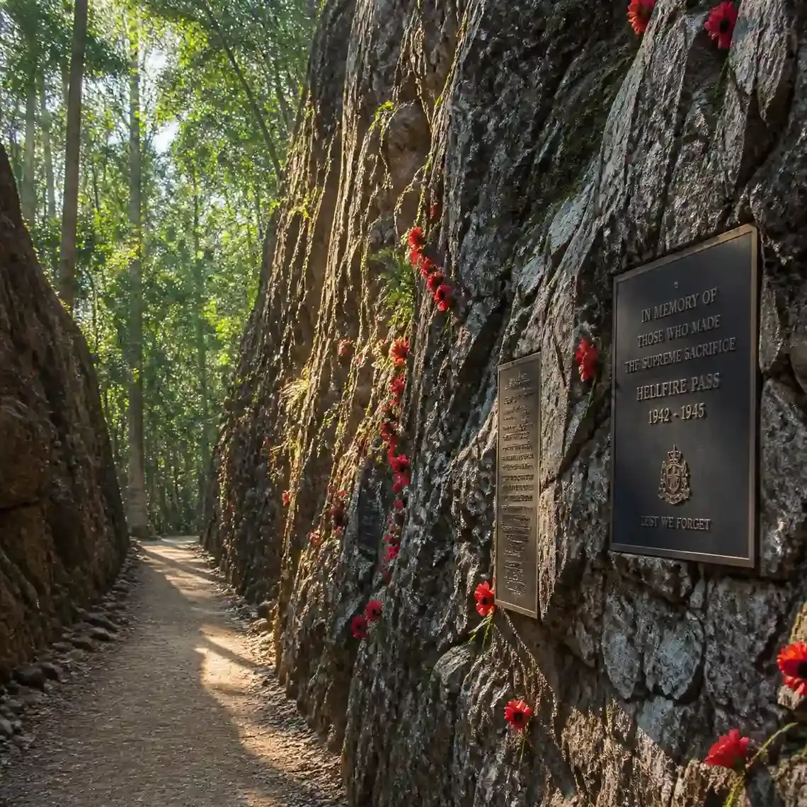 Sheer rock walls of Konyu Cutting at Hellfire Pass memorial on the Thailand-Burma Railway in Kanchanaburi