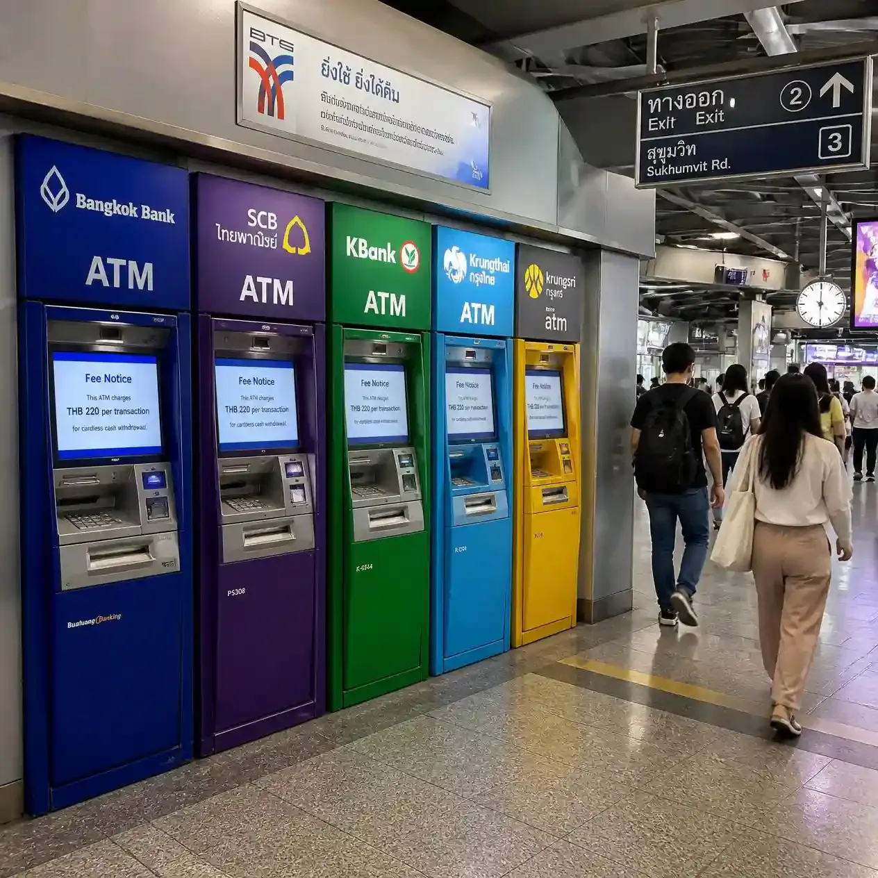 Row of Thai bank ATMs in a BTS station concourse in Bangkok showing withdrawal fee screens